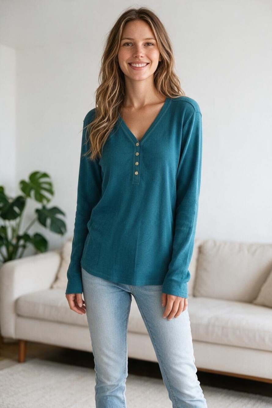 EDDIE BAUER Shirt Size XXL / Size 2X Teal Long Sleeve Waffle Knit V Neck
